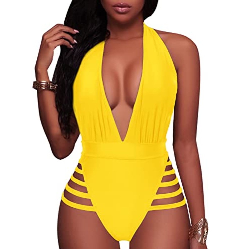 Stylish Strappy Cutout Plunge Deep V Neck One Piece Swimsuits-Neon Yellow