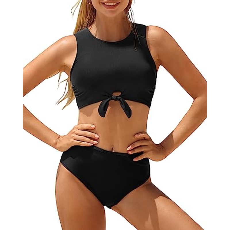 Tie Knot Front High Waisted Bikini Bathing Suits