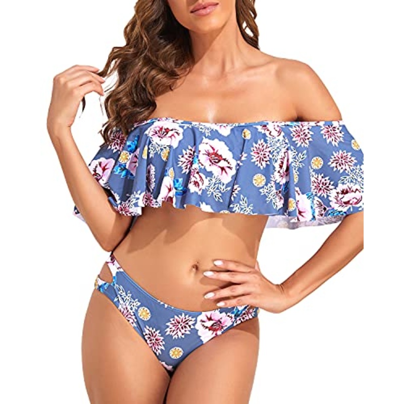 Trendy Off The Shoulder Ruffle Top Bikini Set Cheeky Bottoms-Grey Floral
