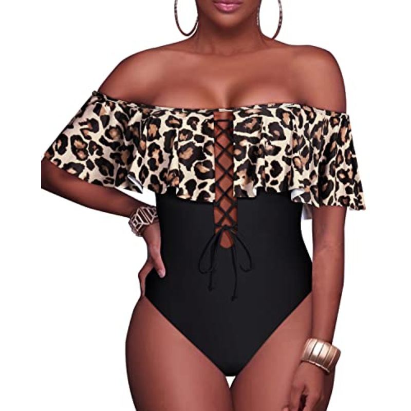 Trendy Strapless Off The Shoulder One Piece Swimsuit For Teens-Black And Leopard