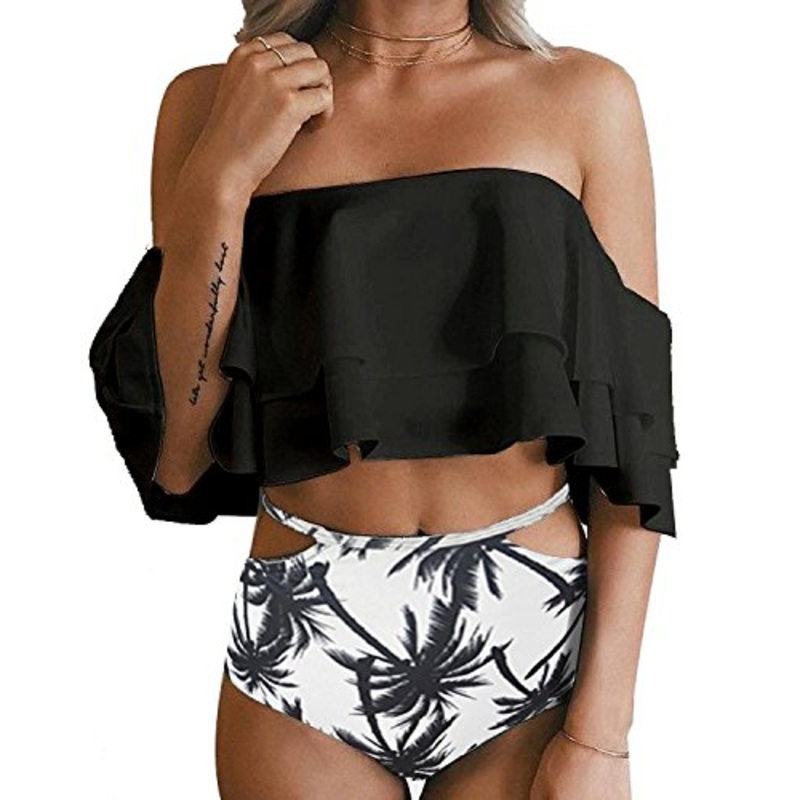Tummy Control Bikini Set For Women Ruffle Off Shoulder Top-Black Palm Tree