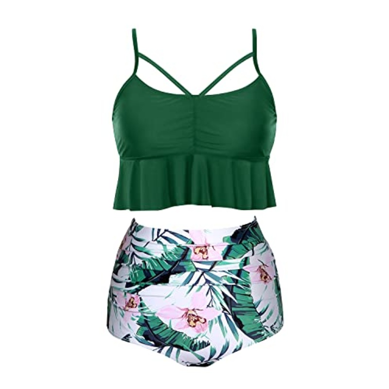 Tummy Control Flounced Hem High Waist Bikini Sets-Green Tropical Floral