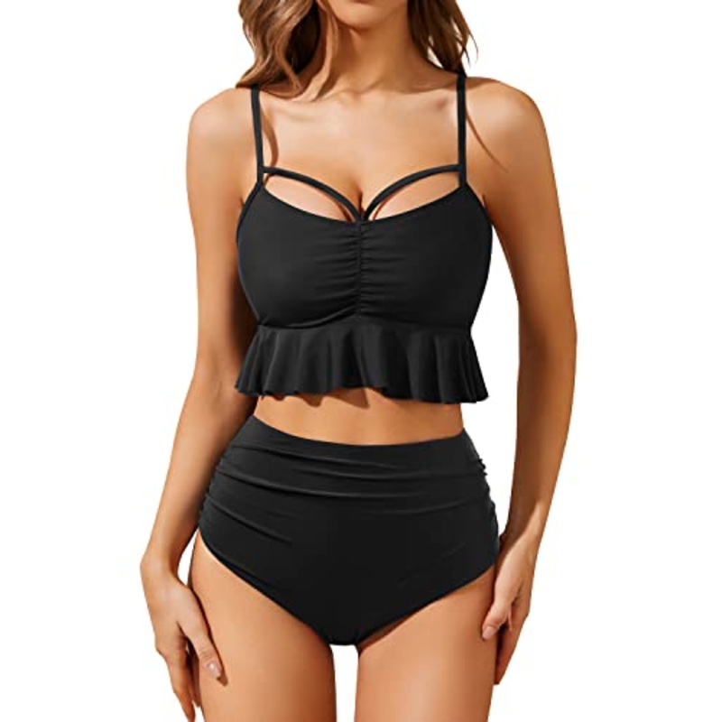 Two Piece Flounced Hem Push-Up Crop High Waist Bikini Sets-Black