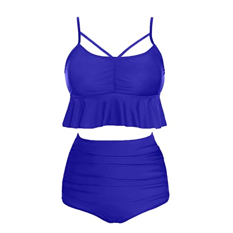 Vintage High Waisted Two Piece Swimsuits For Women Tummy Control Bikini Sets-Royal Blue