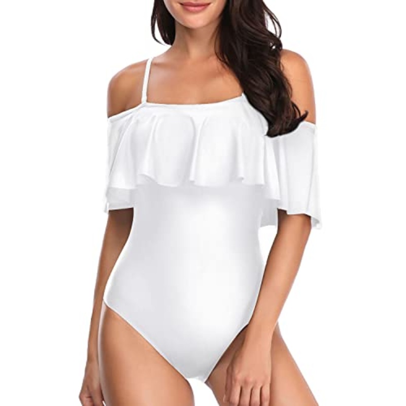 Vintage Long Torso Off Shoulder Ruffled One Piece Swimsuit-White