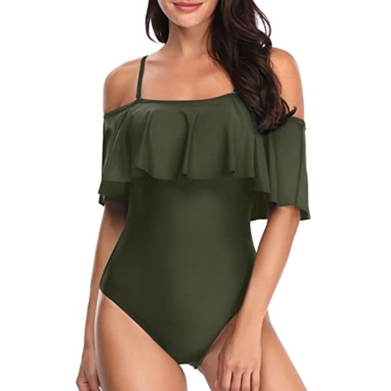 Vintage Off Shoulder Ruffled One Piece Swimsuit For Women-Army Green