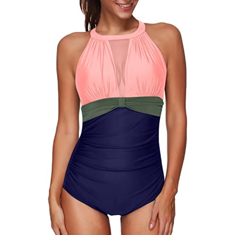 Women's Deep Plunge High Neck Mesh Ruched Monokini Swimsuit-Pink Green Blue