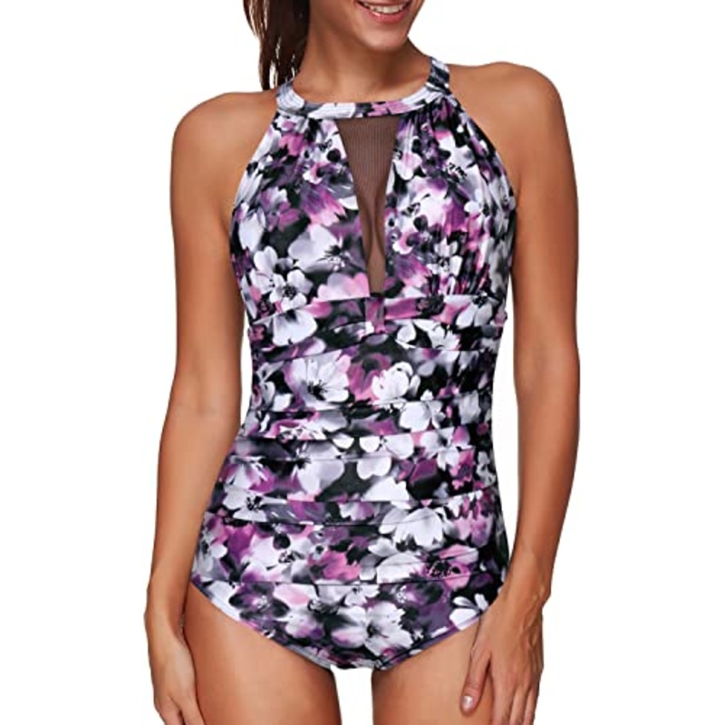 Women's High Neck Ruched Monokini Swimsuit Plunge Mesh Detailing-Purple Floral