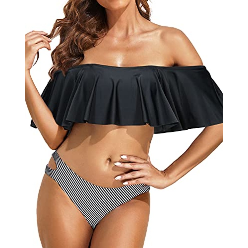 Women's Off Shoulder Ruffle Bikini Set Cheeky Hipster Bottoms-Black Stripe