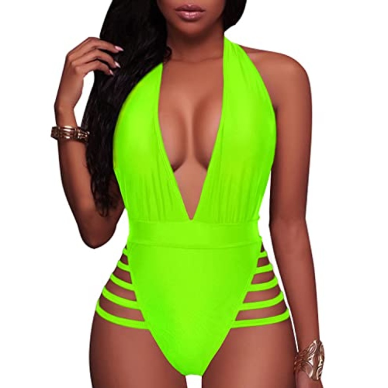 Women's Removable Padded Push Up Bra Plunge Deep V Neck One Piece Swimsuits-Neon Green