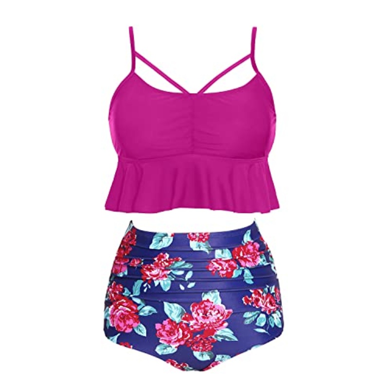 Women's Ruched Tummy Control High Waist Bikini Sets-Pink Floral
