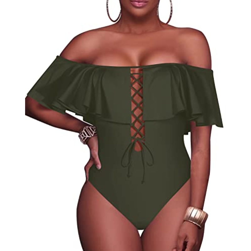 Women's Ruffled One Piece Swimsuit Off-The-Shoulder Lace-Up Sexy Bathing Suit-Army Green