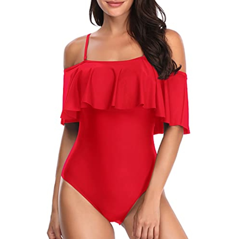 Women's Two-Way Wear Off Shoulder Flounce Swimsuit-Red