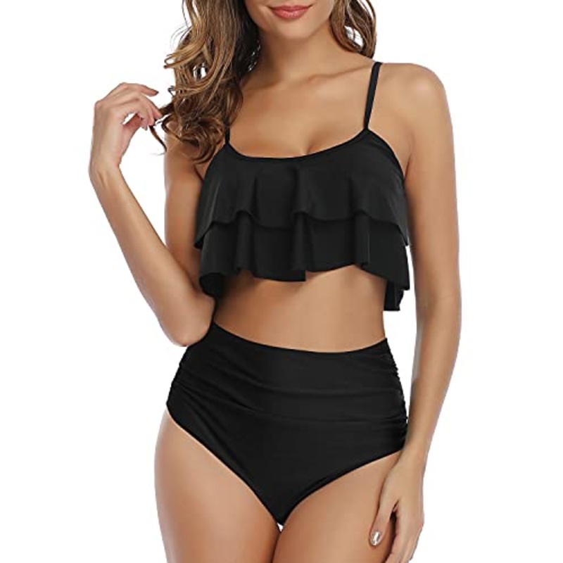 Adjustable Spaghetti Straps Bikini High Waisted Ruched Bottom-Black