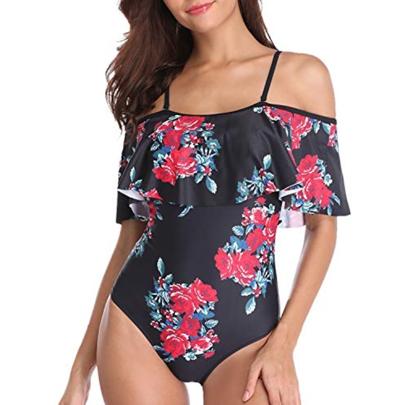 Adjustable Strap Off Shoulder One Piece Swimwear-Black Floral