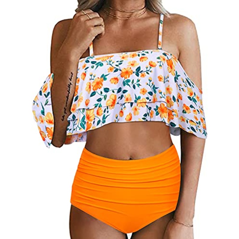Adjustable Strap Two Piece High Waisted Bikini Set Swimsuit-Yellow Floral