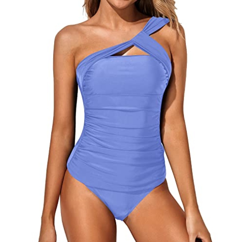 Asymmetrical Cut Ruched One Shoulder Tankini Swimsuit-Light Purple