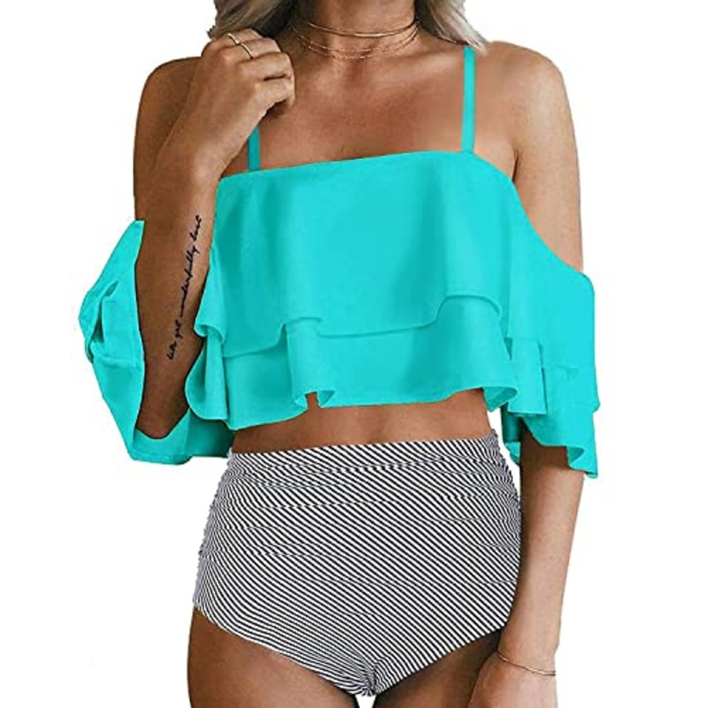 Attractive Off Shoulder Two Piece Bikini For Women-Aqua Stripe