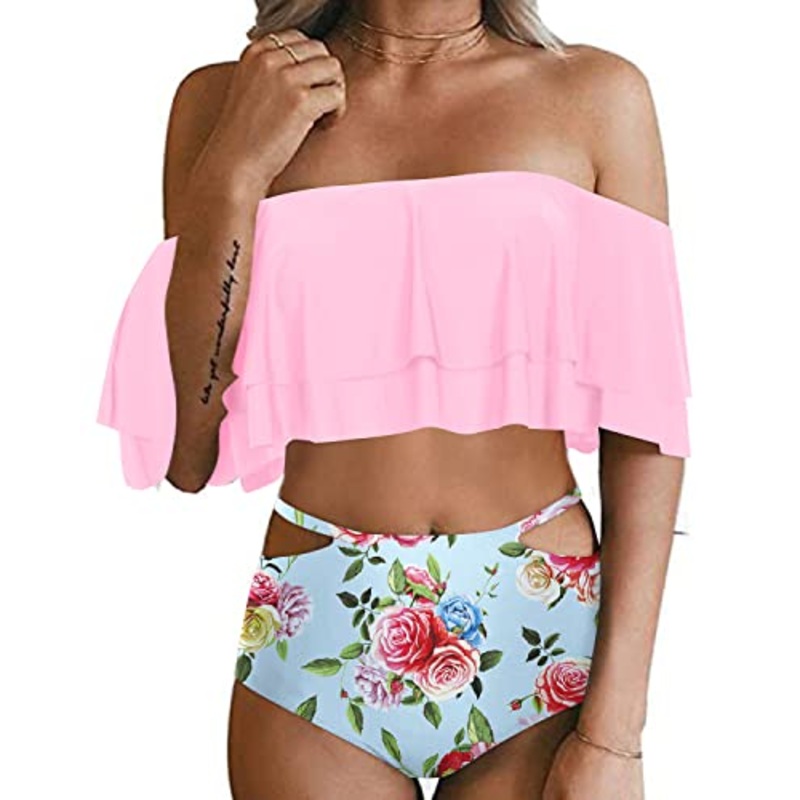 Attractive Side Hollow Out High Waisted Bikini Set Swimsuit-Light Pink Floral