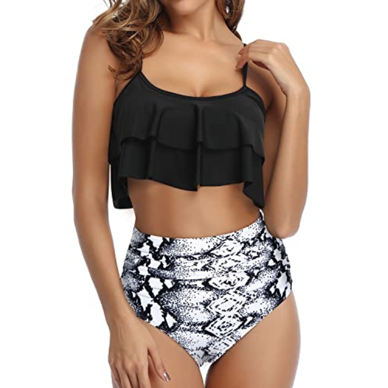 Boho-Chic Ruffle Bikini Set Removable Padded Cups-Black And White Snake Print