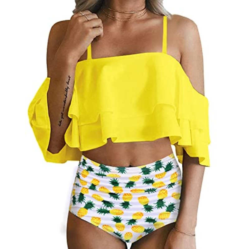 Charming Flounce Off Shoulder High Waisted Bikini Set-Yellow Pineapple