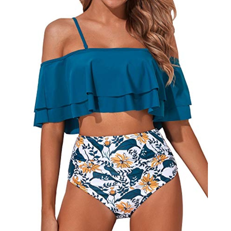 Charming Ruffle Off Shoulder Two Piece Swimsuit-Blue Floral