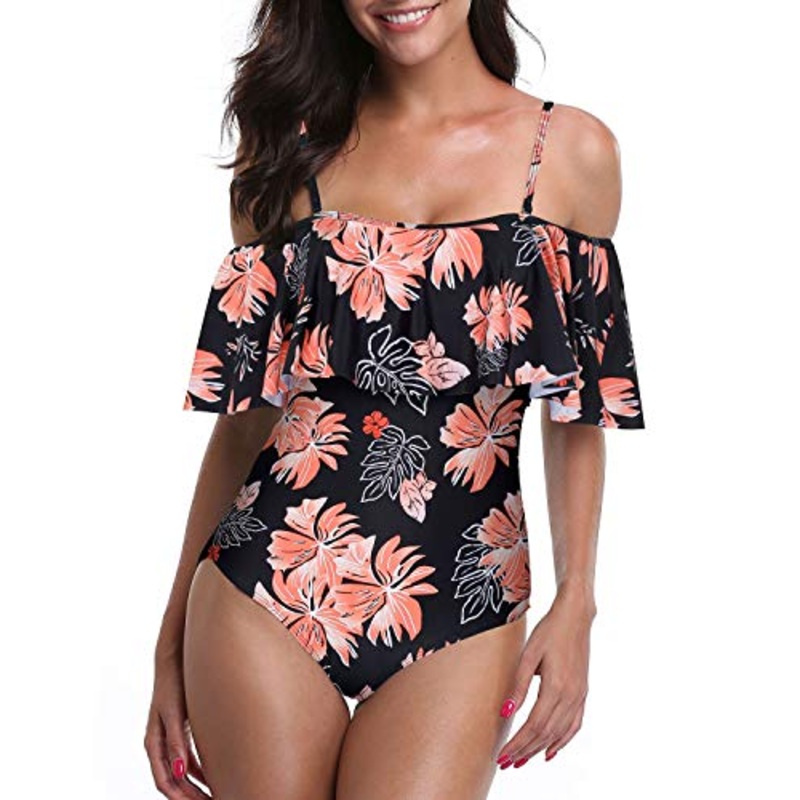 Chic Off Shoulder One Piece Beachwear For Ladies-Black Orange Floral