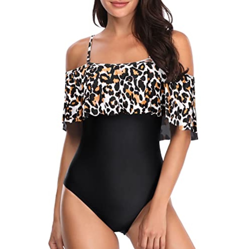 Chic Vintage Flounce One Piece Bathing Suit-Black And Leopard