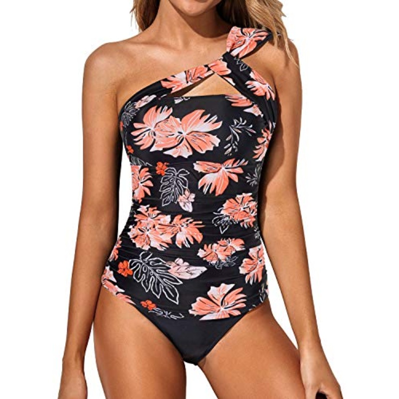 Chubby Girls & Young Moms Two Piece Tankini Bathing Suits For Women-Black Orange Floral