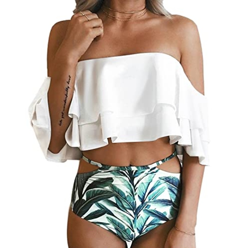 Cute Off Shoulder Two Piece Bikini Swimsuit-White Leaf