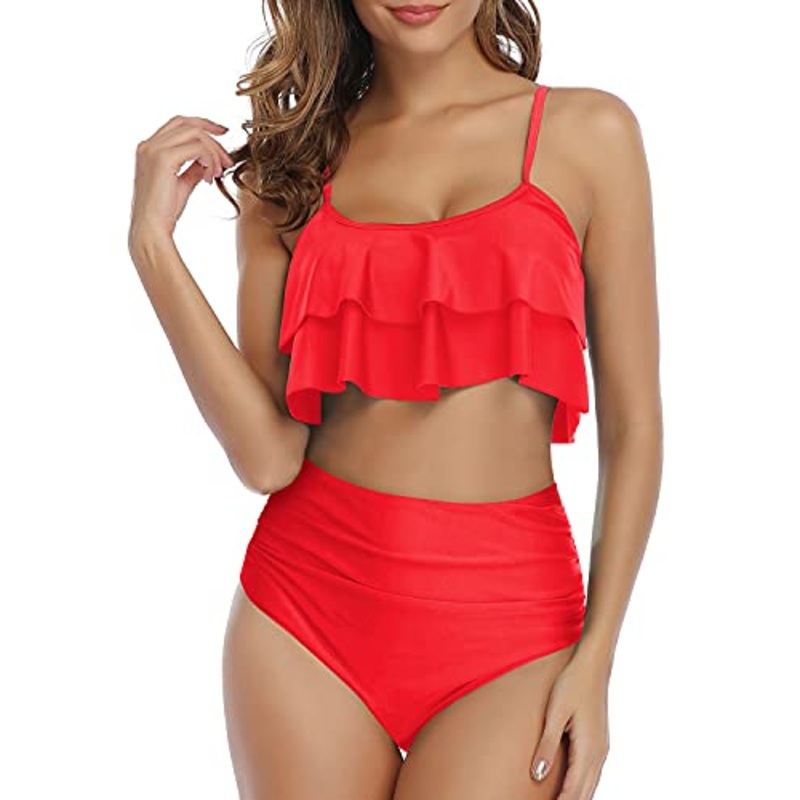 Elegant And Feminine High Waisted Ruffle Bikini-Neon Red