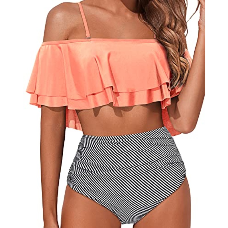 Elegant High Waisted Bikini Set Swimsuit Tummy Control-Coral Pink Stripe