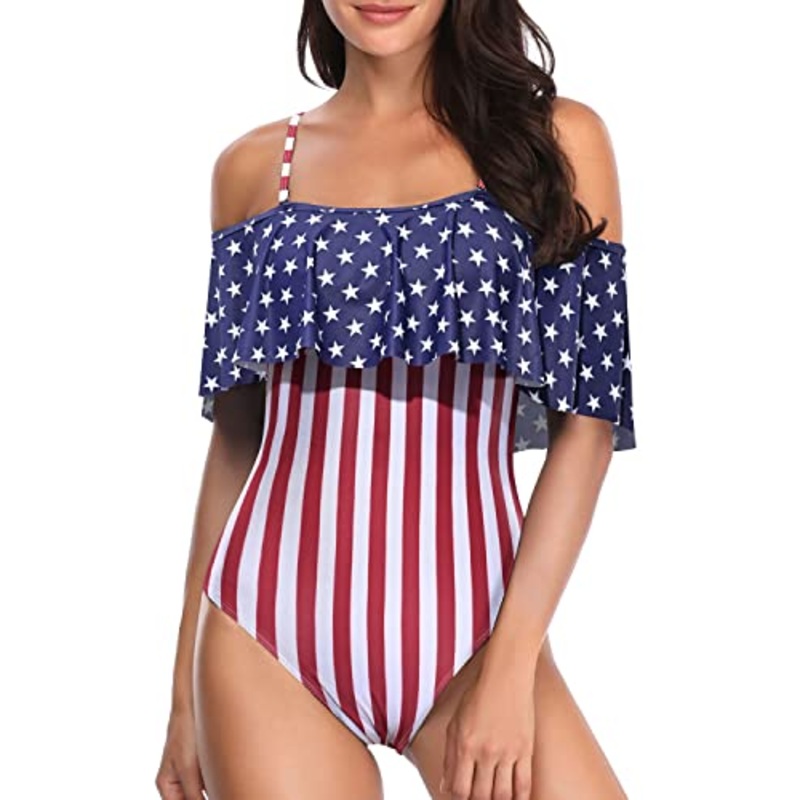 Elegant Ruffle Off Shoulder One Piece Bathing Suit-Flag