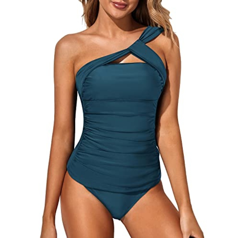 Elegant Two Piece One Shoulder Swim Top Shorts-Teal