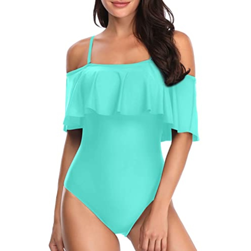 Elegant Vintage Ruffled One Piece Bathing Suit-Aqua