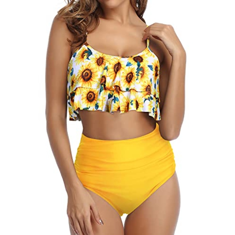 Eye-Catching Ruched Bikini Double Tiered Ruffle Crop Top-Yellow And Sunflower