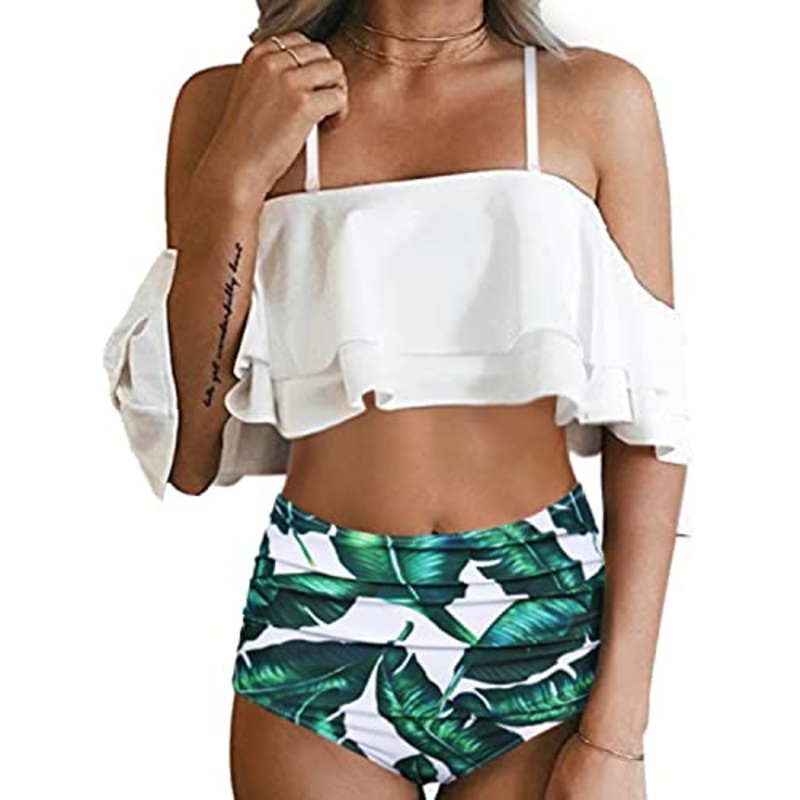 Fashionable Off Shoulder Tummy Control Bikini Set-White Leaf