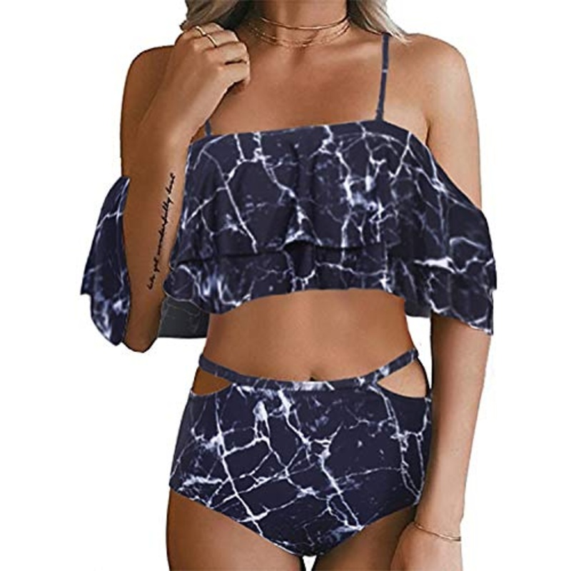 Fashionable Tummy Control Two Piece High Waisted Bikini Set-Black Marble