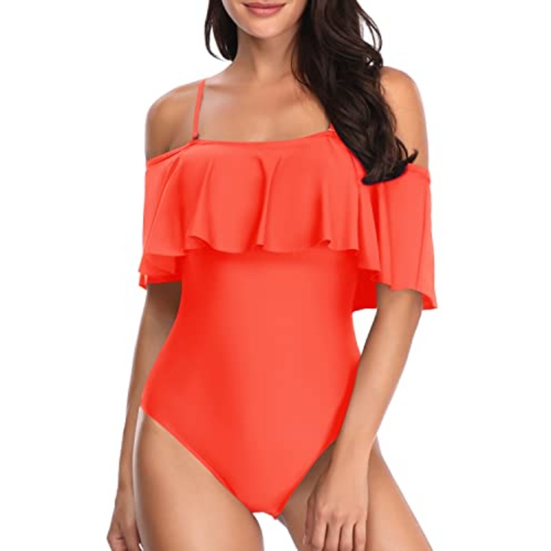 Flattering Flounce Vintage Off Shoulder Ruffled Bathing Suits-Neon Orange