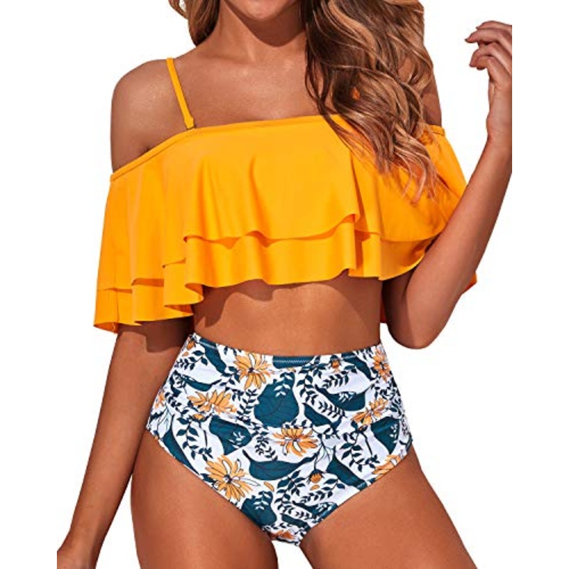 Flattering Off Shoulder Two Piece Bathing Suit-Yellow Floral