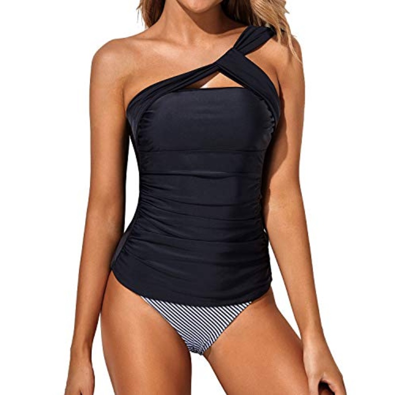 Flattering Two Piece Tankini Bathing Suits One Shoulder Swim Top And Shorts Swimsuits-Black Stripe
