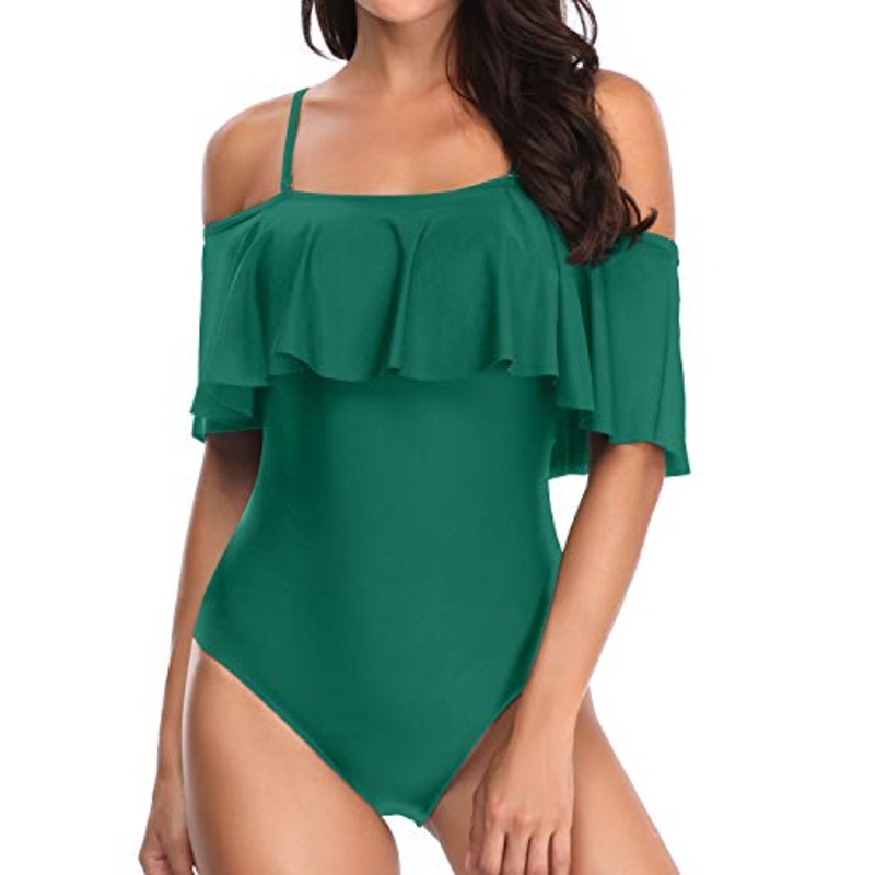 Flattering Vintage Off Shoulder One Piece Swimsuit-Emerald Green