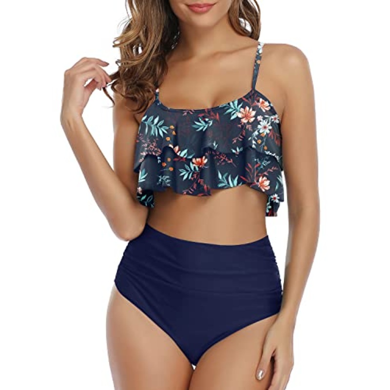 Flirty And Chic Ruffle High Waisted Bikini Set-Blue Colorul Flowers