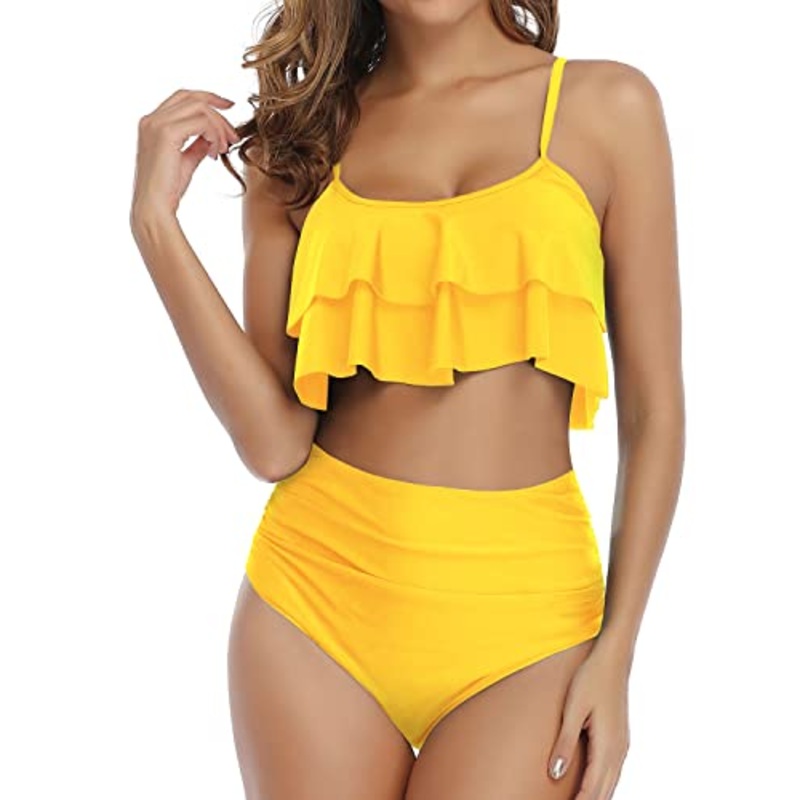 Flirty And Fun Ruffle Bikini Set High Waisted Bottoms-Neon Yellow