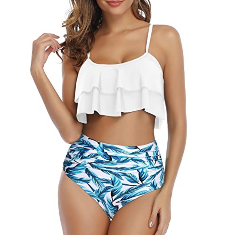 Flirty Ruffle High Waisted Ruched Women's 2 Piece Bikini Set-White Leaf