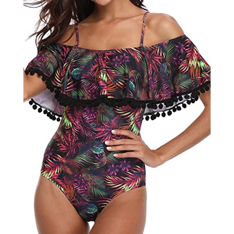 Flounce Printed Off-Shoulder One Piece Bathing Suit For Ladies-Purple Leaf