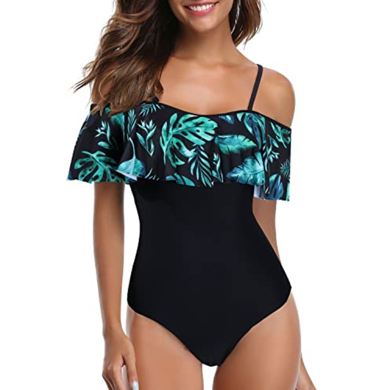 Flounce Printed One Piece Ruffled Bathing Suit-Black And Green Leaves