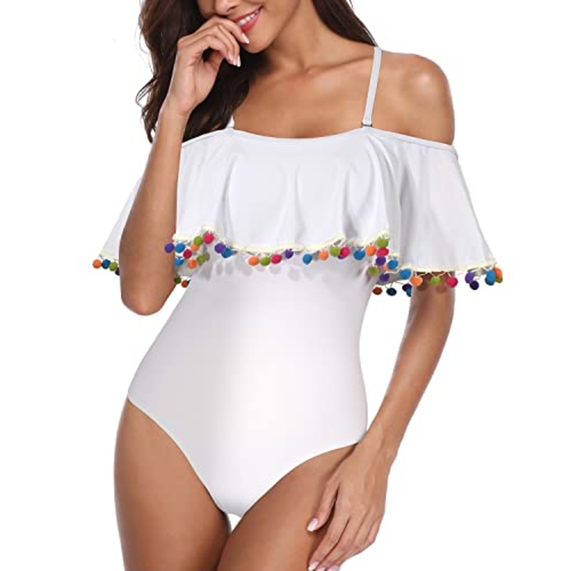 Flounce Retro Bathing Suit For Women One Piece Swimwear-White