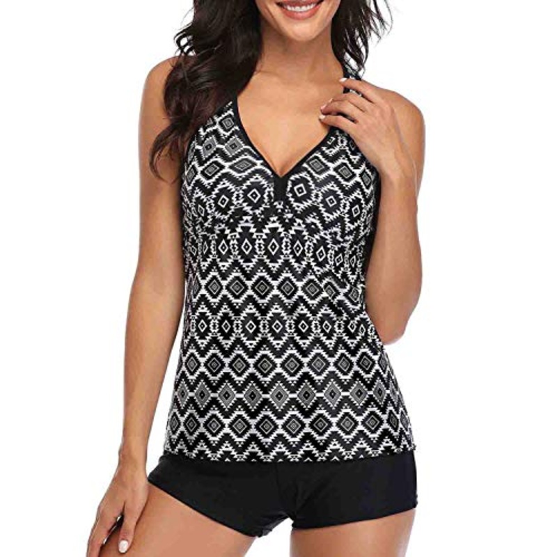 Full Coverage Swimwear Push Up Tankini And Tummy Control Bottom For Women-Black Tribal