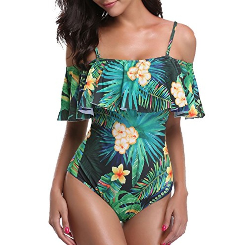 Gorgeous Off Shoulder One Piece Vacation Swimwear-Tropical Leaf